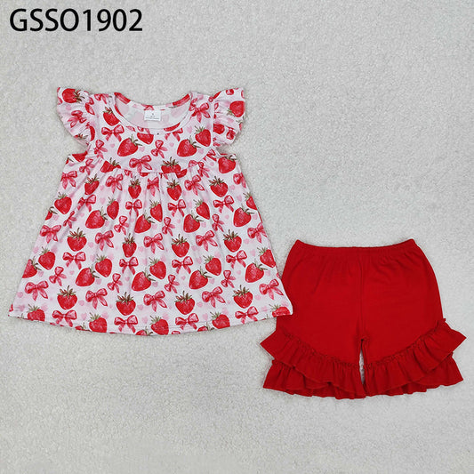 GSSO1902RTS NO MOQ Baby Girls Summer Outfits  By Air Arrived it Flutter sleeves bow strawberry tunic shorts girls clothes