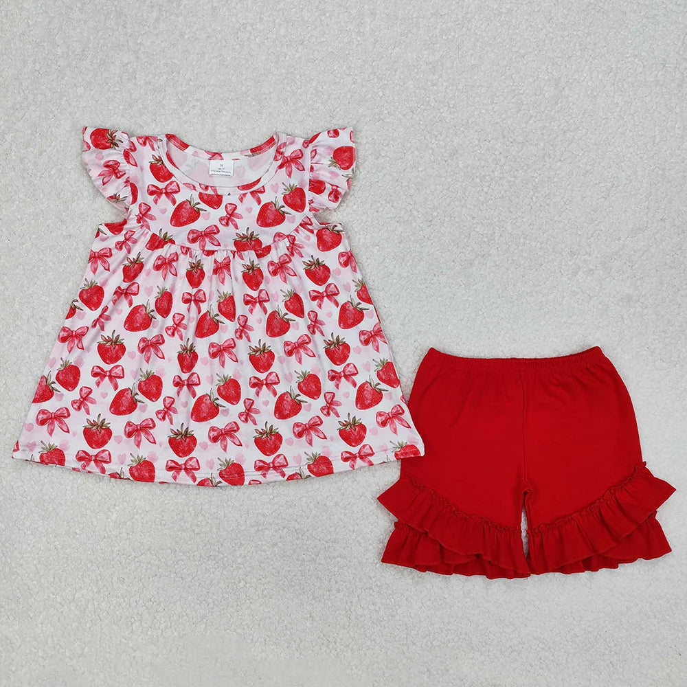 12.8 RTS Sibling Baby Girls Red Strawberry Bows Dresses Outfits