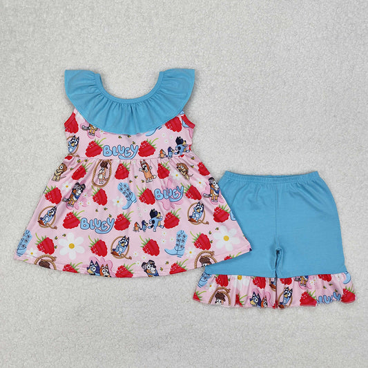GSSO1904Girls Strawberry Dog Floral Ruffle Tunic Short Set Cute Animal Print Outfit for Kids