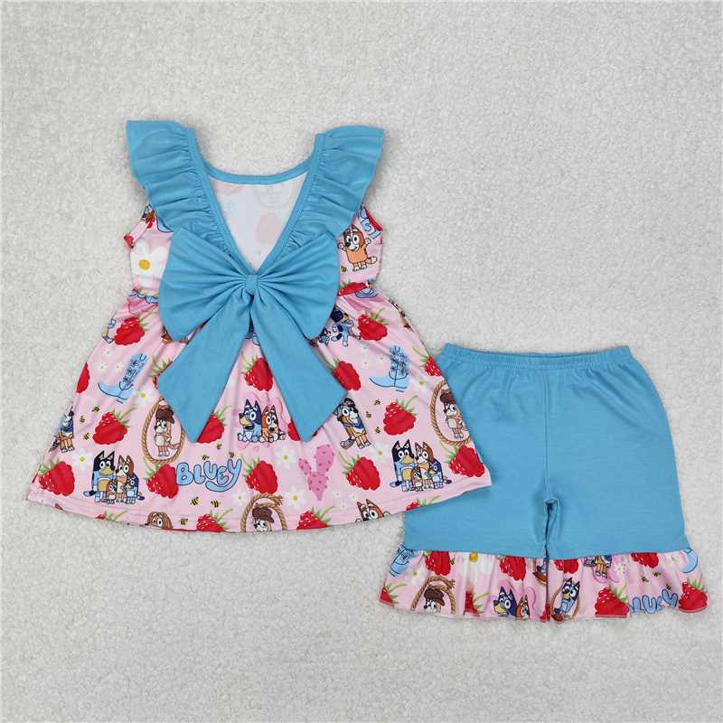 4.24 RTS NO MOQ Girls Strawberry Dog Floral Ruffle Tunic Short Set Cute Animal Print Outfit for Kids