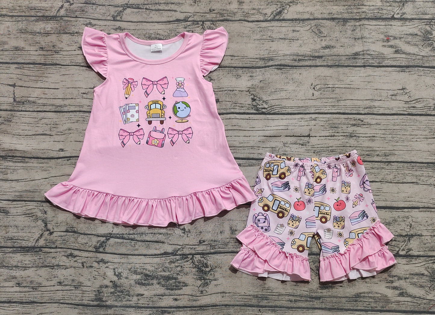 4.12 GSSO1910 RTS NO MOQ Baby Girls Summer Outfits   Flutter sleeves pencil bow kids girls back to school outfits