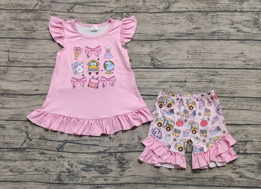 4.12 GSSO1910 RTS NO MOQ Baby Girls Summer Outfits   Flutter sleeves pencil bow kids girls back to school outfits