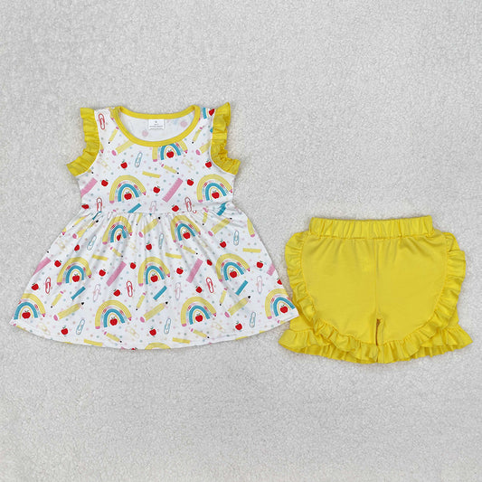GSSO1913Girls Rainbow Pencil Skirt Outfit Yellow Apple Design Back to School Ensemble for Kids