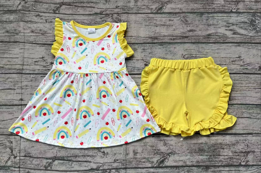6.05  Girls Rainbow Pencil Skirt Outfit Yellow Apple Design Back to School Ensemble for Kids