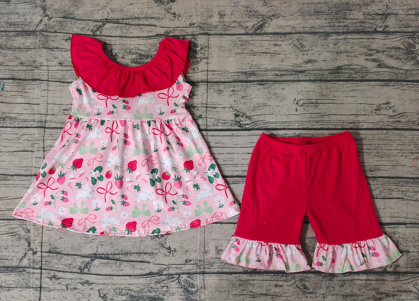 GSSO1914Girls Sleeveless Ruffle Striped Rabbit Bow Easter Clothing Cute Spring Summer Outfit for Kids