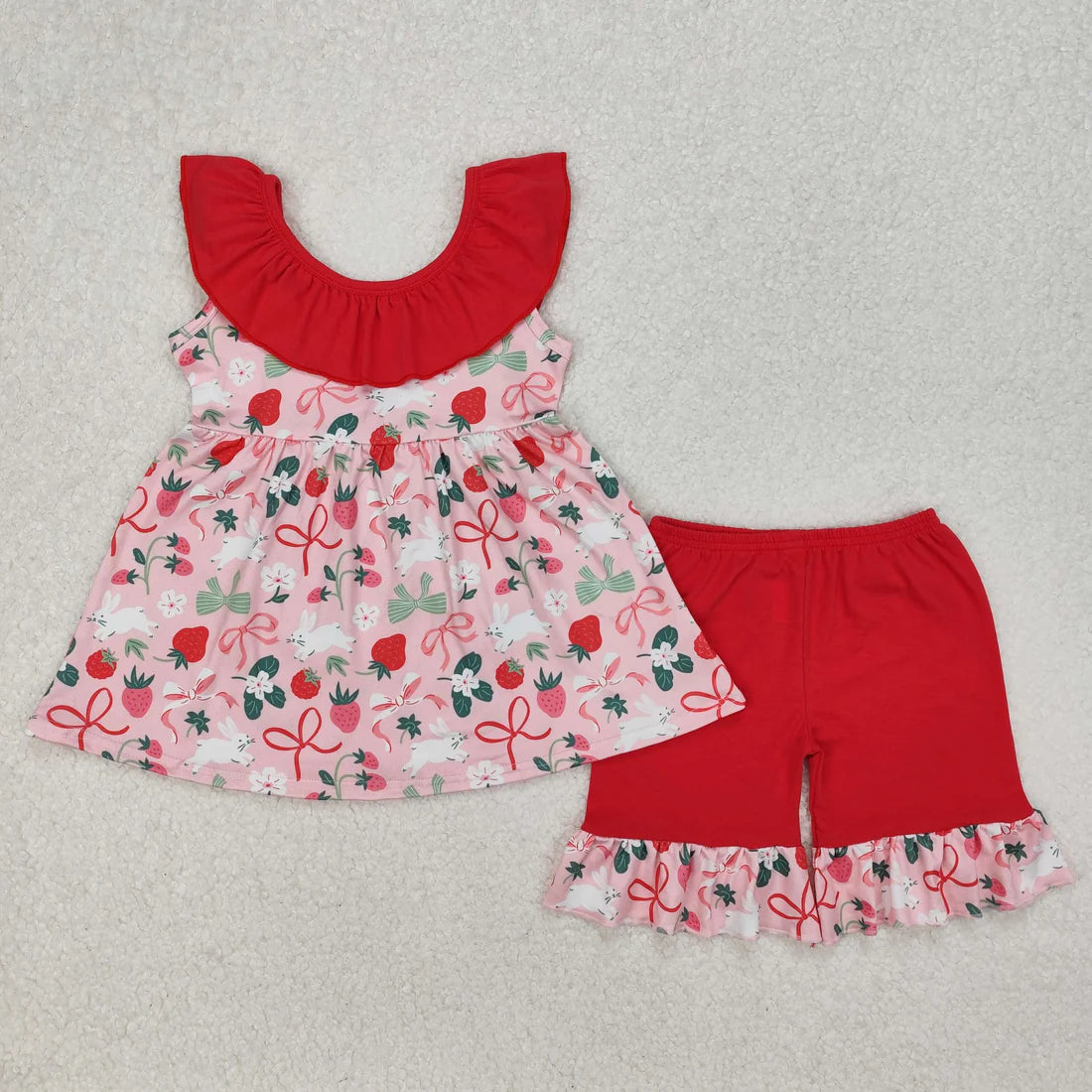 11.10 RTS Sibling Baby Girls Sleeveless Floral Easter Rabbits Bow Tunic Ruffle Shorts Clothes Sets