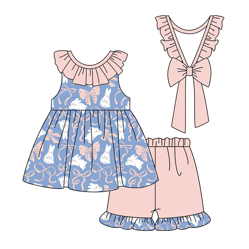 FLOWERSRuffle sleeveless bunny bow tunic shorts girls Easter clothes