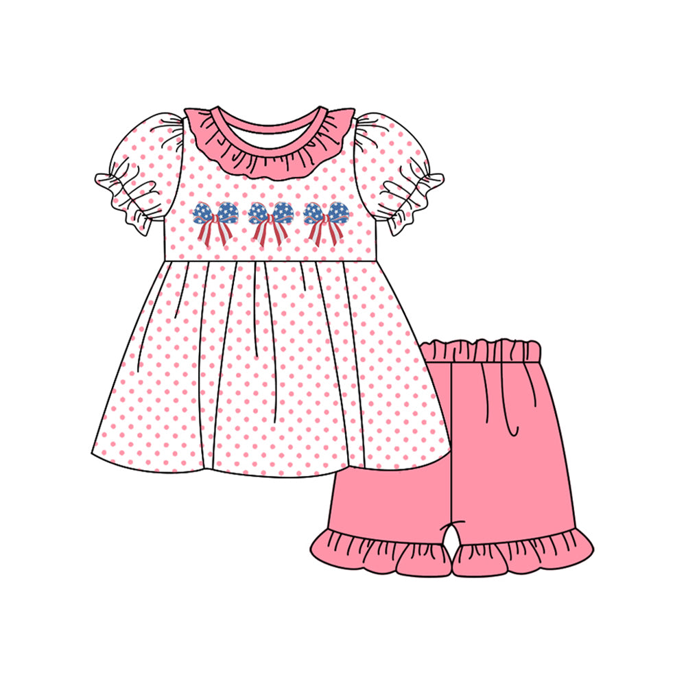 FLOWERSShort sleeves polka dots stars stripe bow girls 4th of july outfits