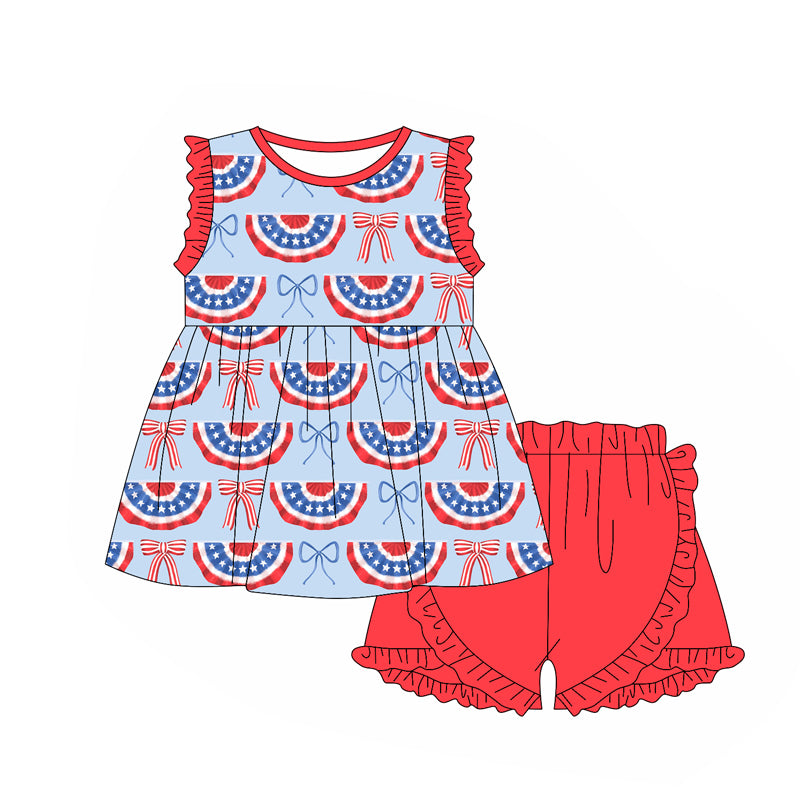FLOWERSFlutter sleeves stars rainbow bow girls 4th of july dresses
