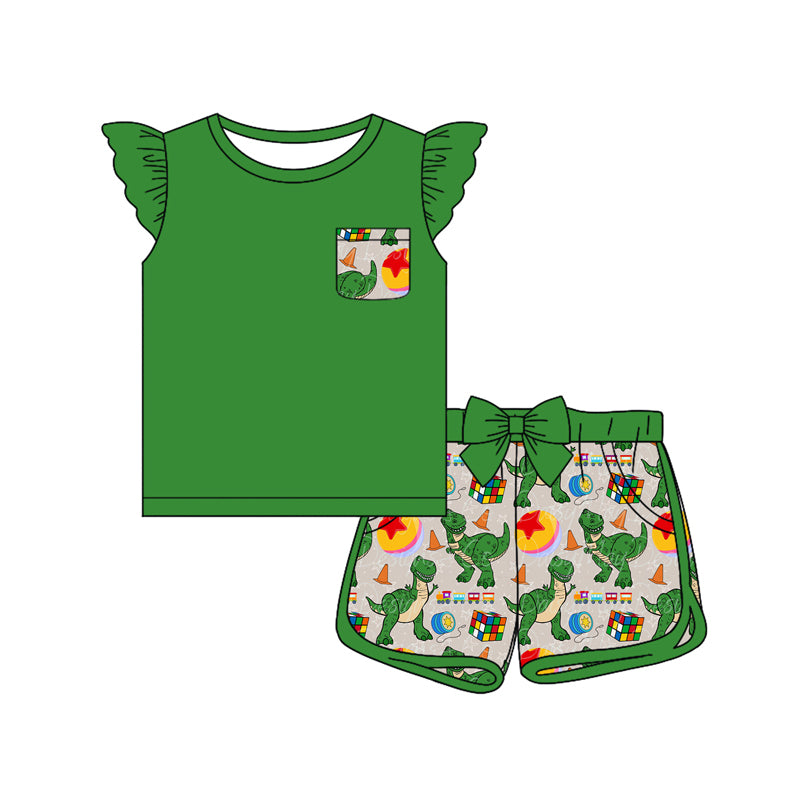 FLOWERSGreen ruffle short sleeves dinosaur girls summer pajamas