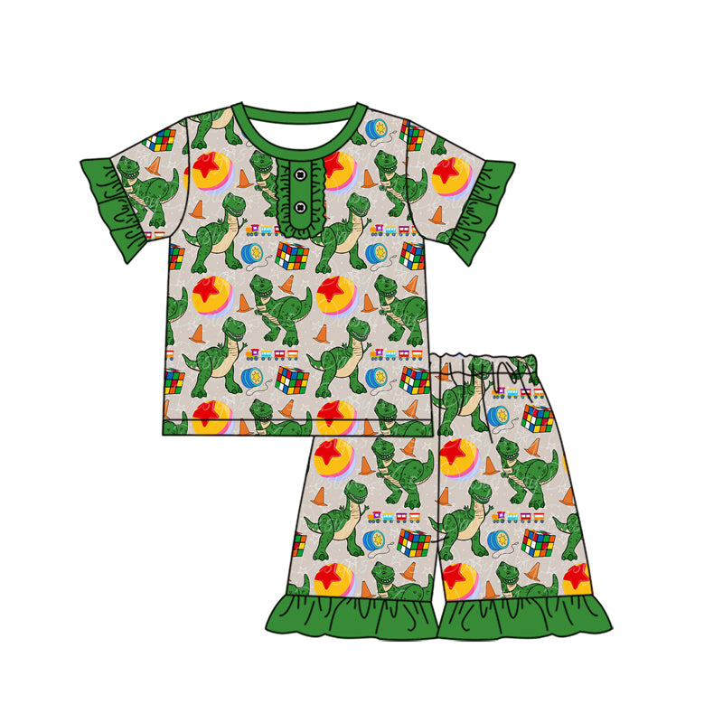 FLOWERSGreen ruffle short sleeves dinosaur girls summer pajamas