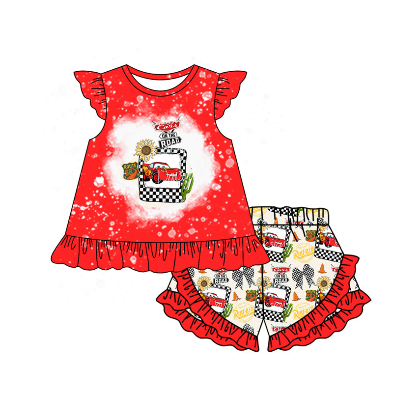 Red short sleeves pocket top cars shorts boys clothes