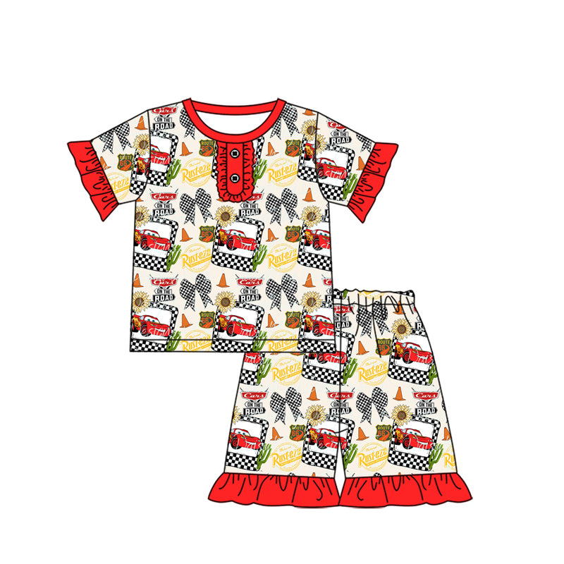 Red short sleeves pocket top cars shorts boys clothes