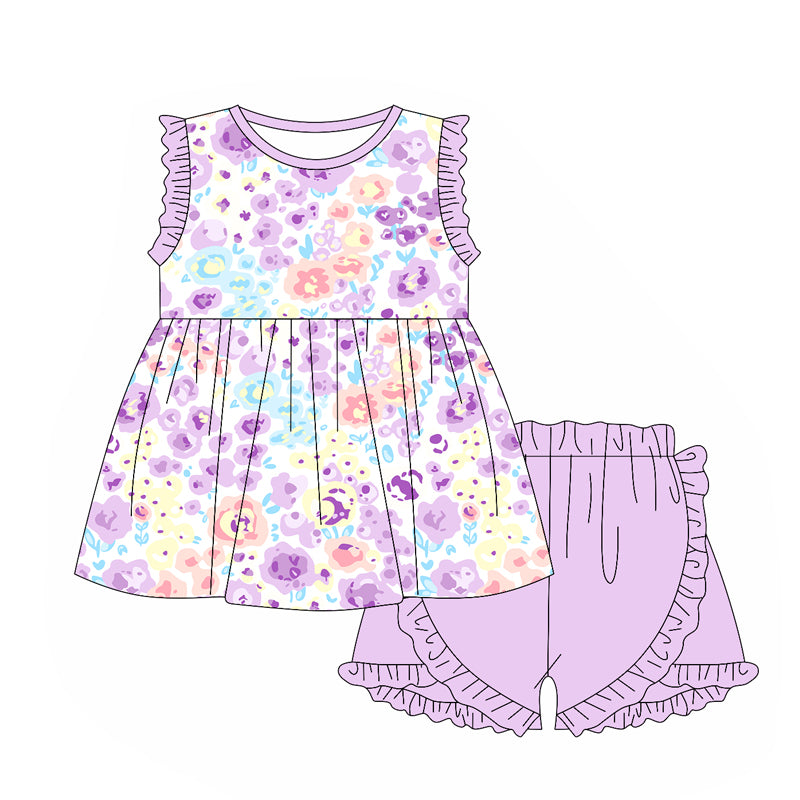 FLOWERSRuffle sleeveless lavender floral tunic shorts girls clothes