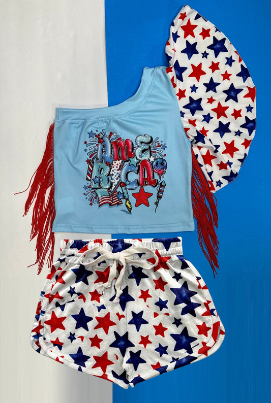 GSSO1927One shoulder tassels American kids girls 4th of july clothes