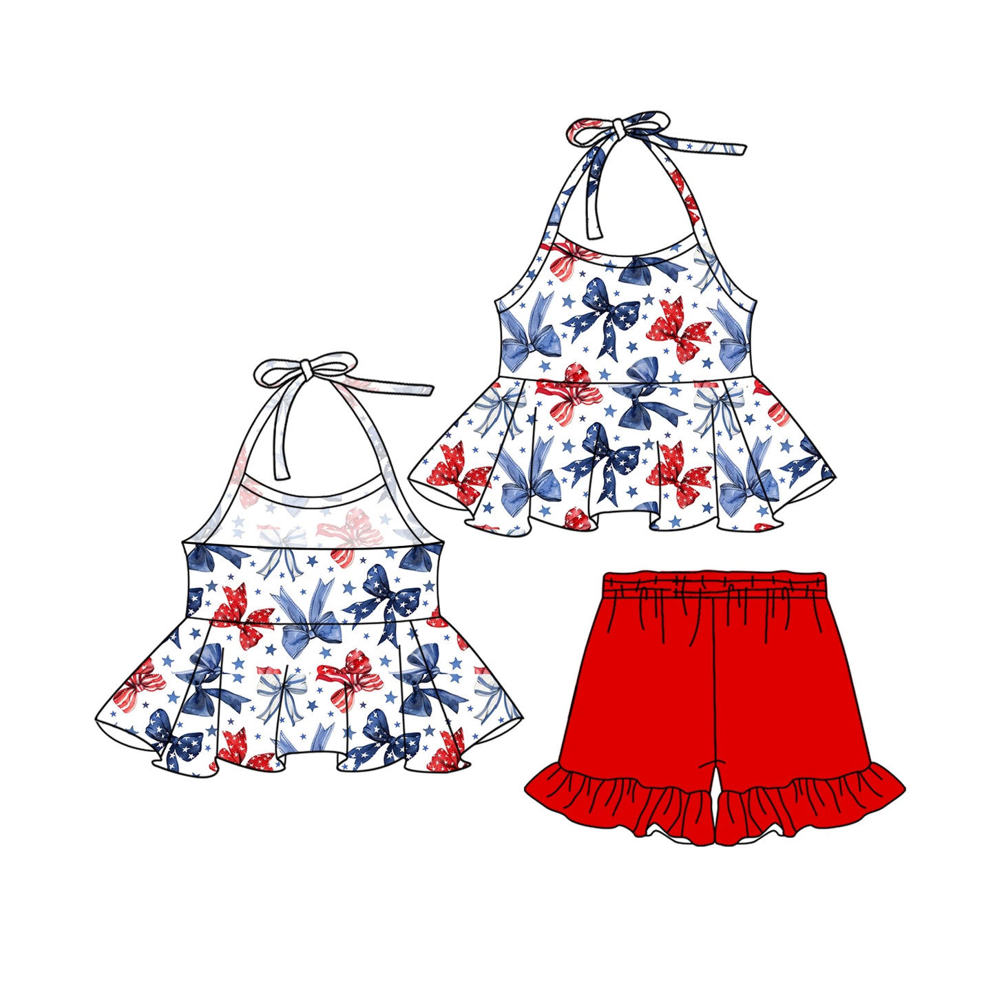 Stars stripe bow halter top shorts girls 4th of july outfits
