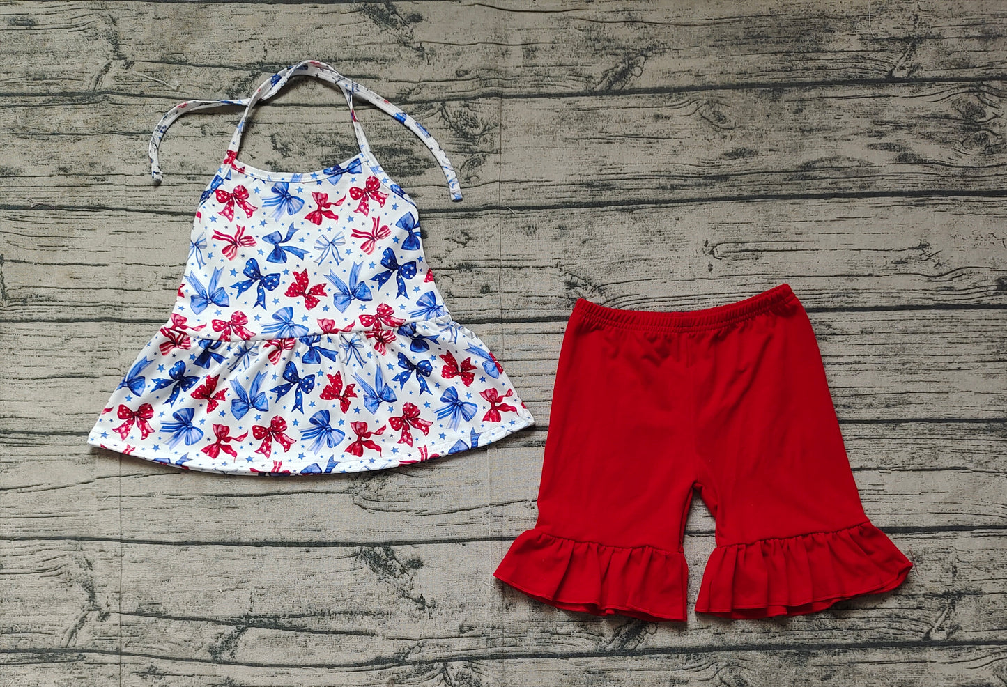 GSSO1928Girls Halter Top Shorts Set Stars Stripe Bow 4th of July Outfit Red White And Blue Patriotic Clothing for Kids