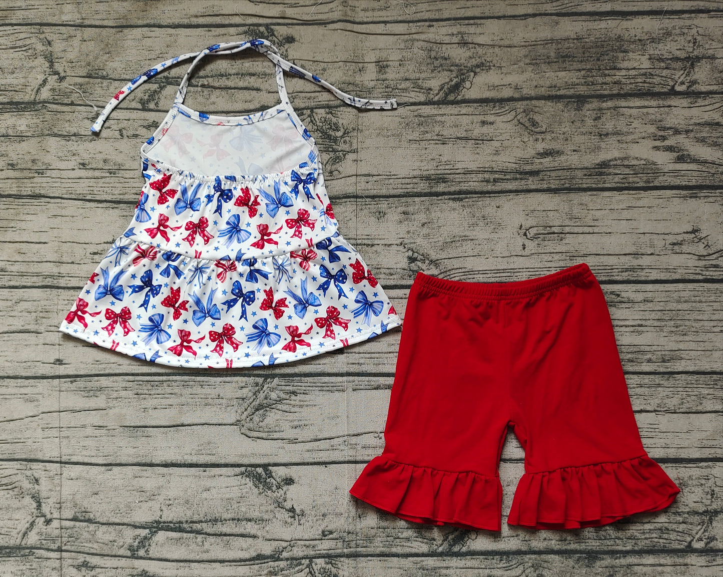 GSSO1928Girls Halter Top Shorts Set Stars Stripe Bow 4th of July Outfit Red White And Blue Patriotic Clothing for Kids