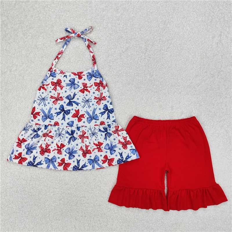 6.04   Girls Halter Top Shorts Set Stars Stripe Bow 4th of July Outfit Red White And Blue Patriotic Clothing for Kids