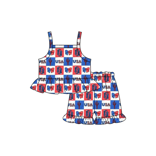 GSSO1929Straps USA cactus bow plaid baby girls 4th of july outfits