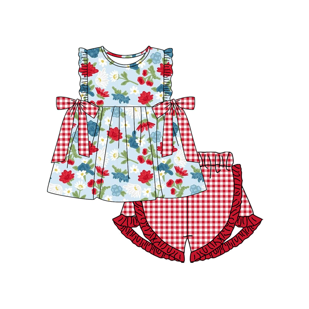 Red blue floral tunic plaid shorts girls 4th of july outfits