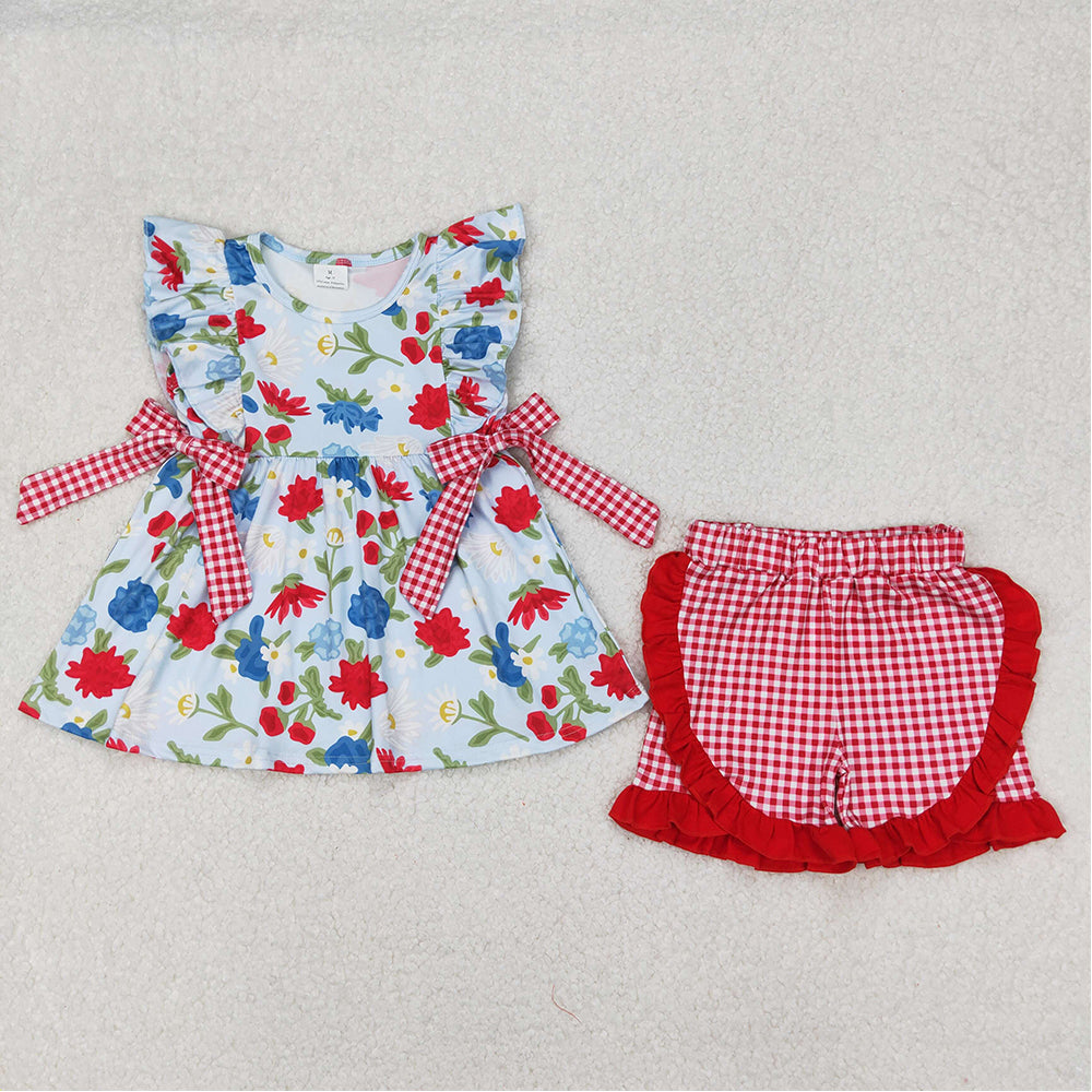 4.25 GSSO1930  RTS NO MOQ Red blue floral tunic plaid shorts girls 4th of july outfits