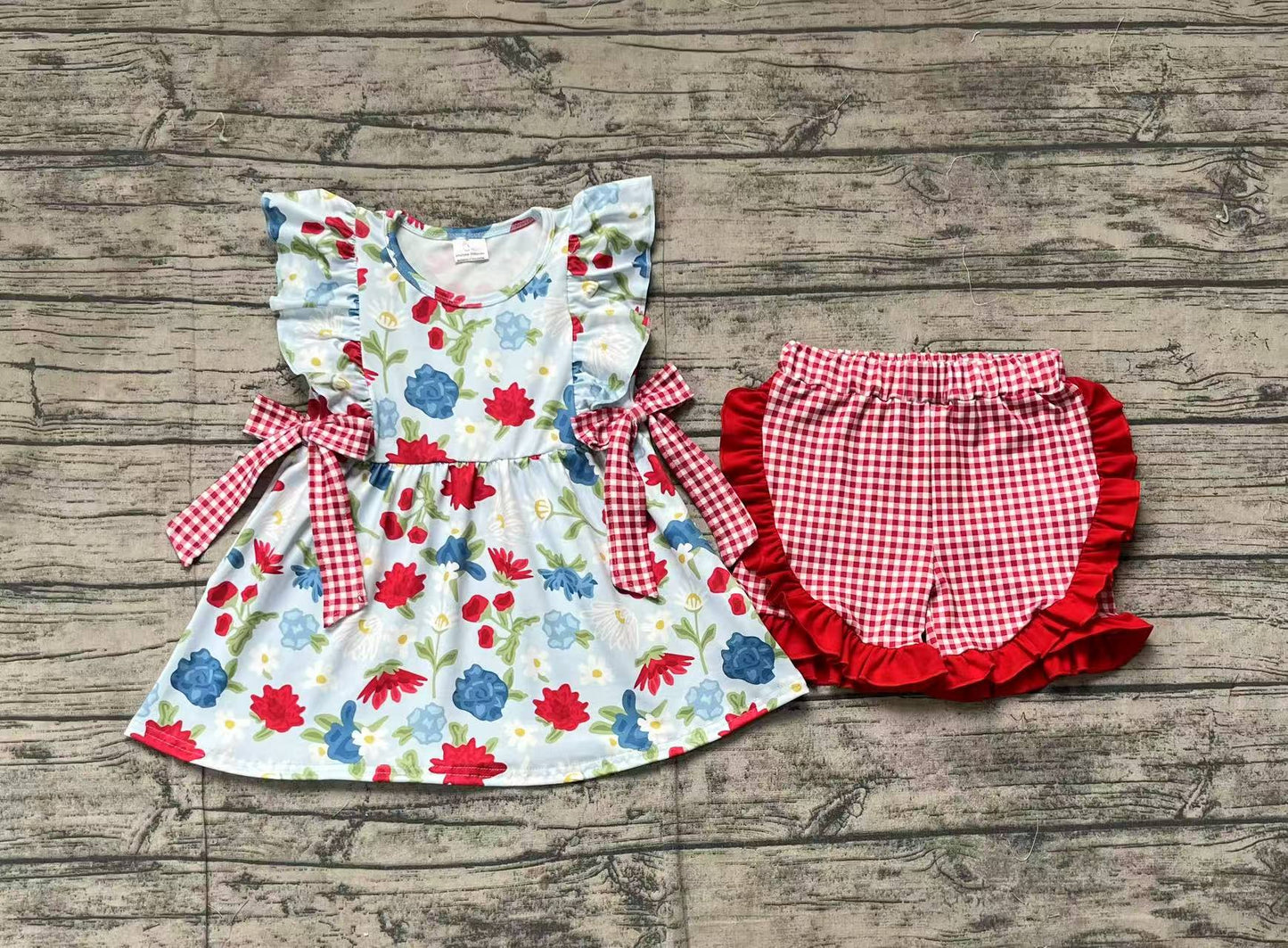 GSSO1930Girls Red Blue Floral Tunic Plaid Shorts Outfit 4th of July Patriotic Clothing Set