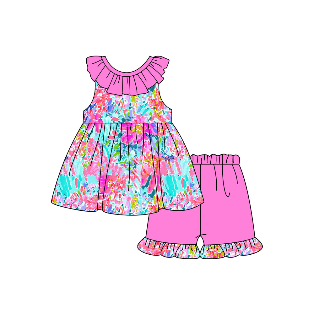 Hot pink watercolor floral tunic ruffle shorts girls clothes