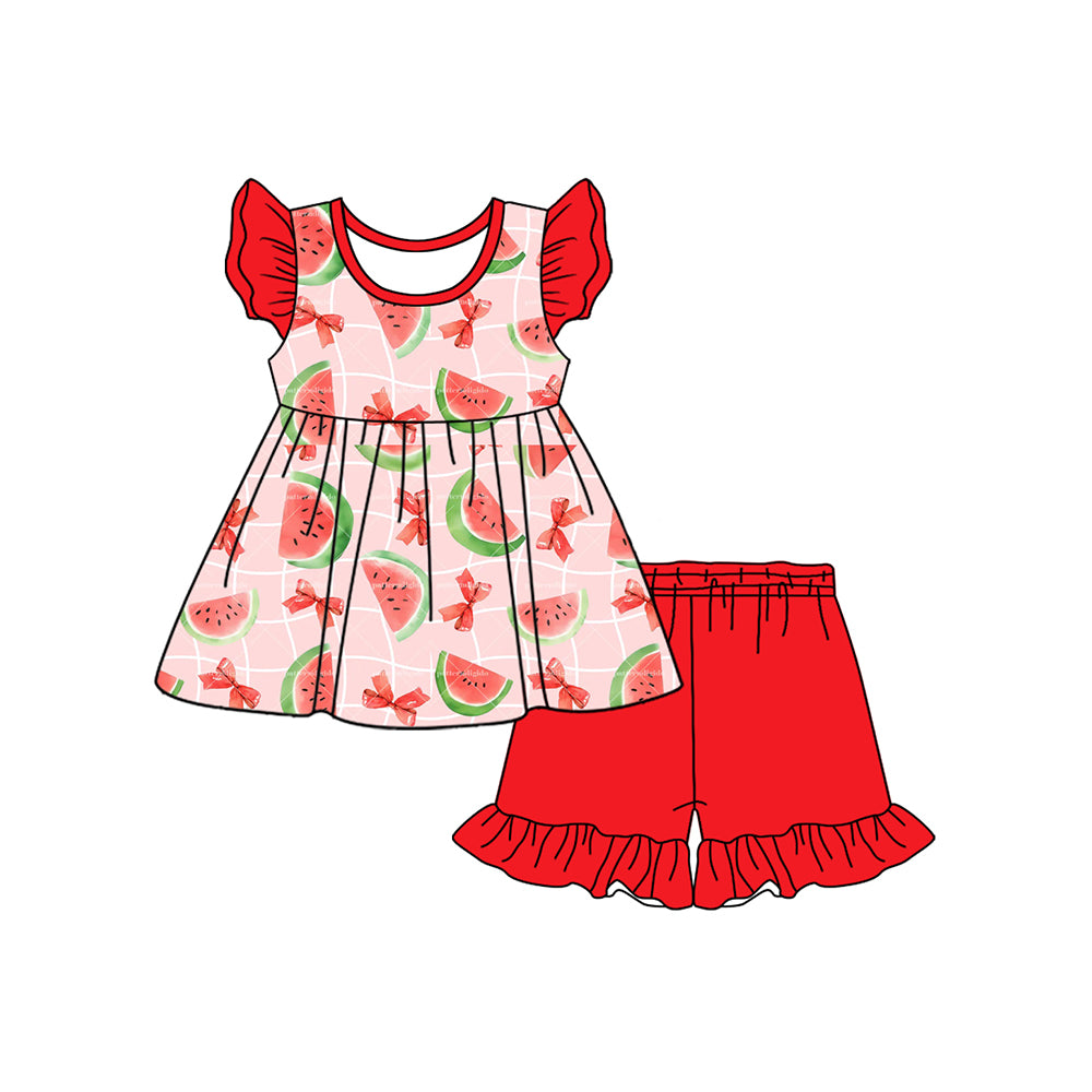 Flutter sleeves watermelon bow tunic shorts girls clothes