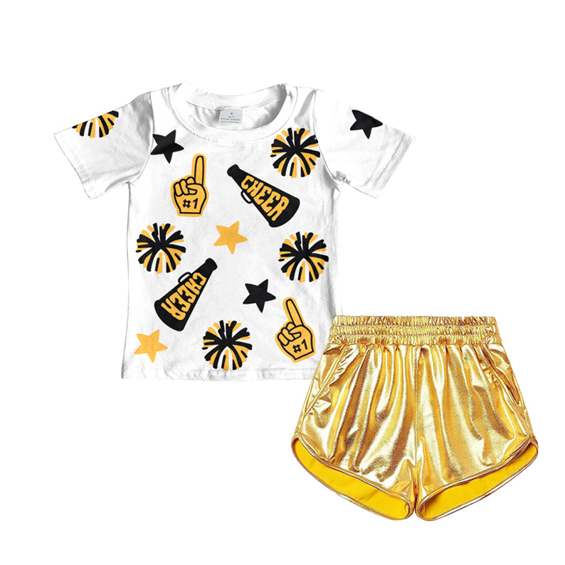 GSSO1936Short sleeves stars cheer top gold shorts girls clothes