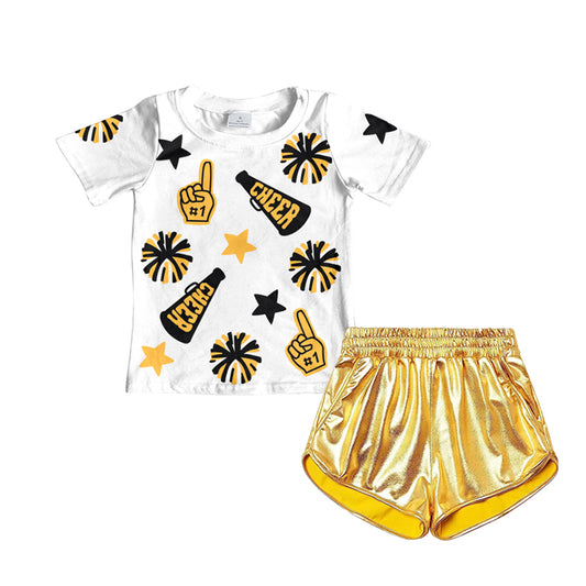 GSSO1936Short sleeves stars cheer top gold shorts girls clothes