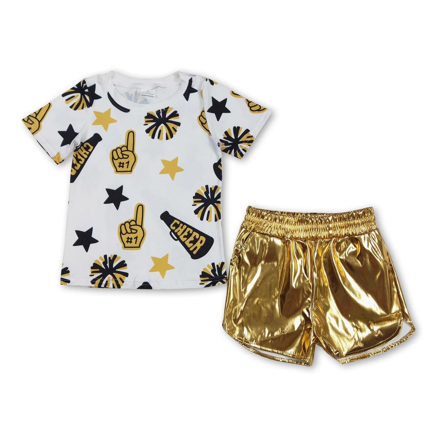 8.20 RTS Sibling Baby Girls Cheer Team Tops Leather Shorts Clothes Sets
