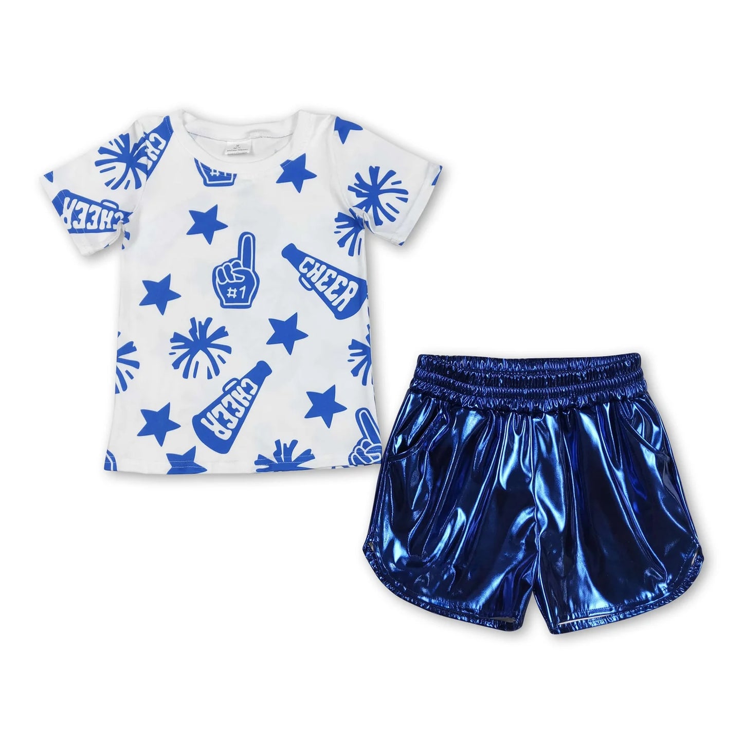 8.20 RTS Sibling Baby Girls Cheer Team Tops Leather Shorts Clothes Sets