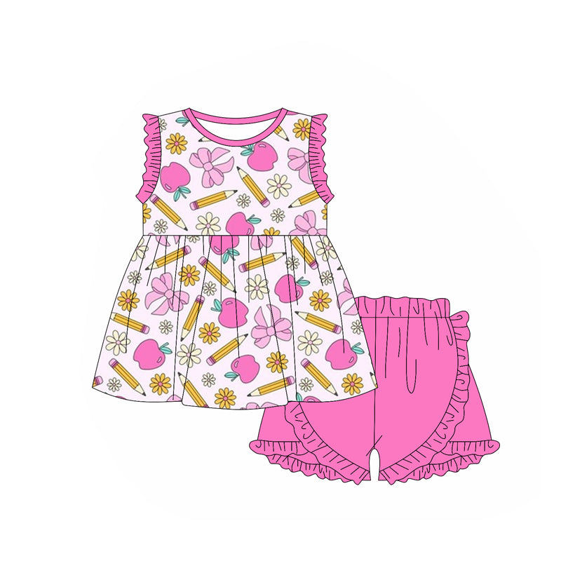 Pink apple pencil bow floral girls back to school outfits