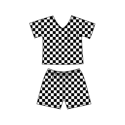 GSSO1941Short sleeves black plaid pocket adult women pajamas