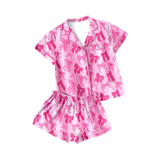 GSSO1942Hot pink bow short sleeves adult women button down pajamas