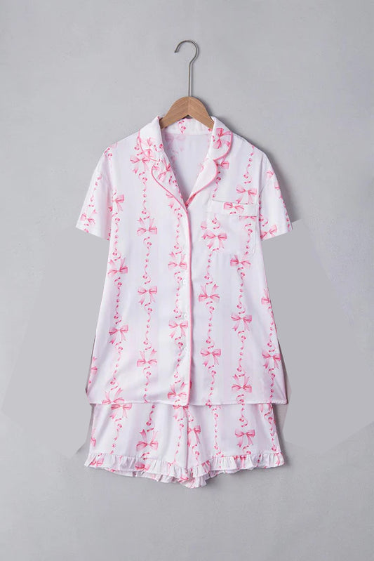 GSSO1944White pink bow adult women button down pajamas
