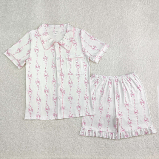 GSSO1944Adult Women's White Pink Bow Button down Pajamas Comfortable Sleepwear