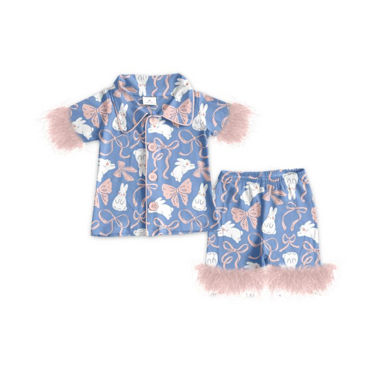 GSSO1946Baby Girls Easter Rabbits Bows Fur Shirt Shorts Pajamas