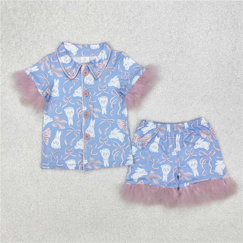 6.05 Girls Blue Bunny Bow Fur Pajamas Button down Easter Theme Sleepwear for Kids