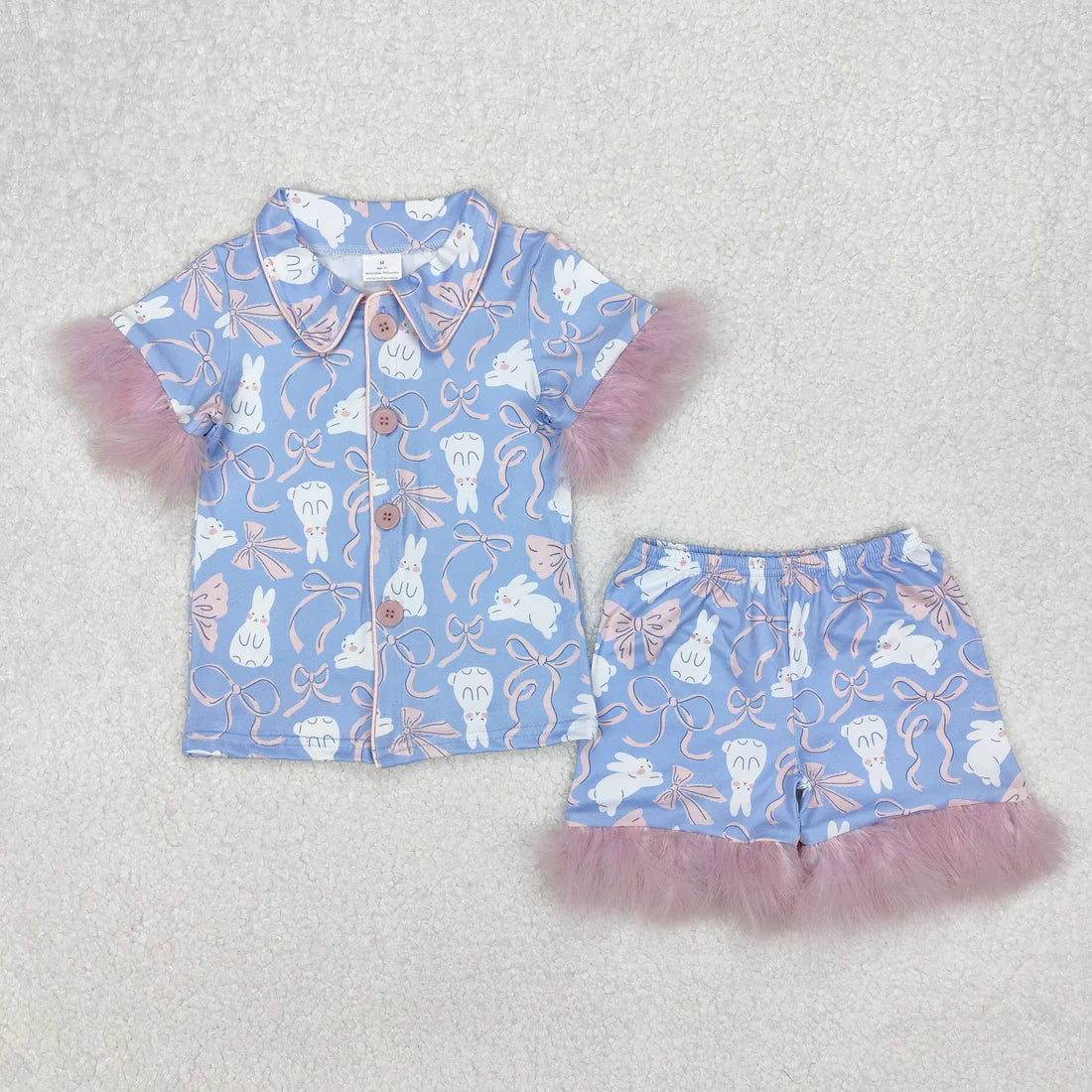 10.4 RTS Sibling Baby Girls Easter Rabbits Bows Fur Shirts Shorts Pajamas