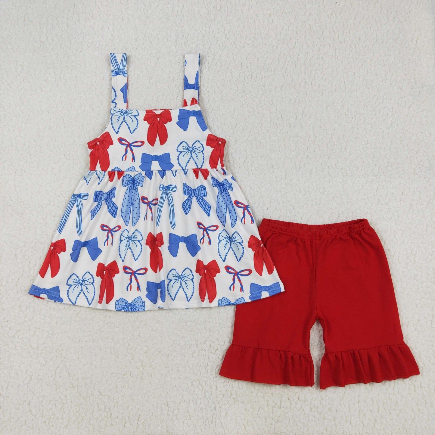 GSSO1952Straps red blue bow tunic shorts girls 4th of July outfits