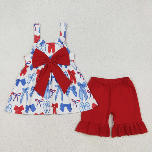 GSSO1952Straps red blue bow tunic shorts girls 4th of July outfits