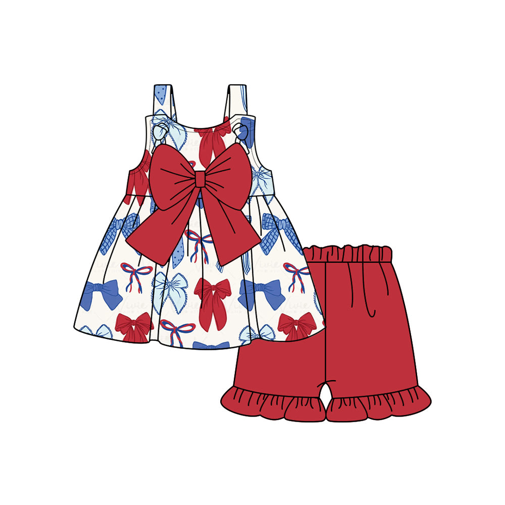 Straps red blue bow tunic shorts girls 4th of July outfits