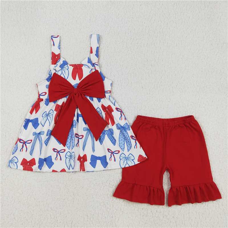 6.04   Girls Halter Top Shorts Set Stars Stripe Bow 4th of July Outfit Red White And Blue Patriotic Clothing for Kids