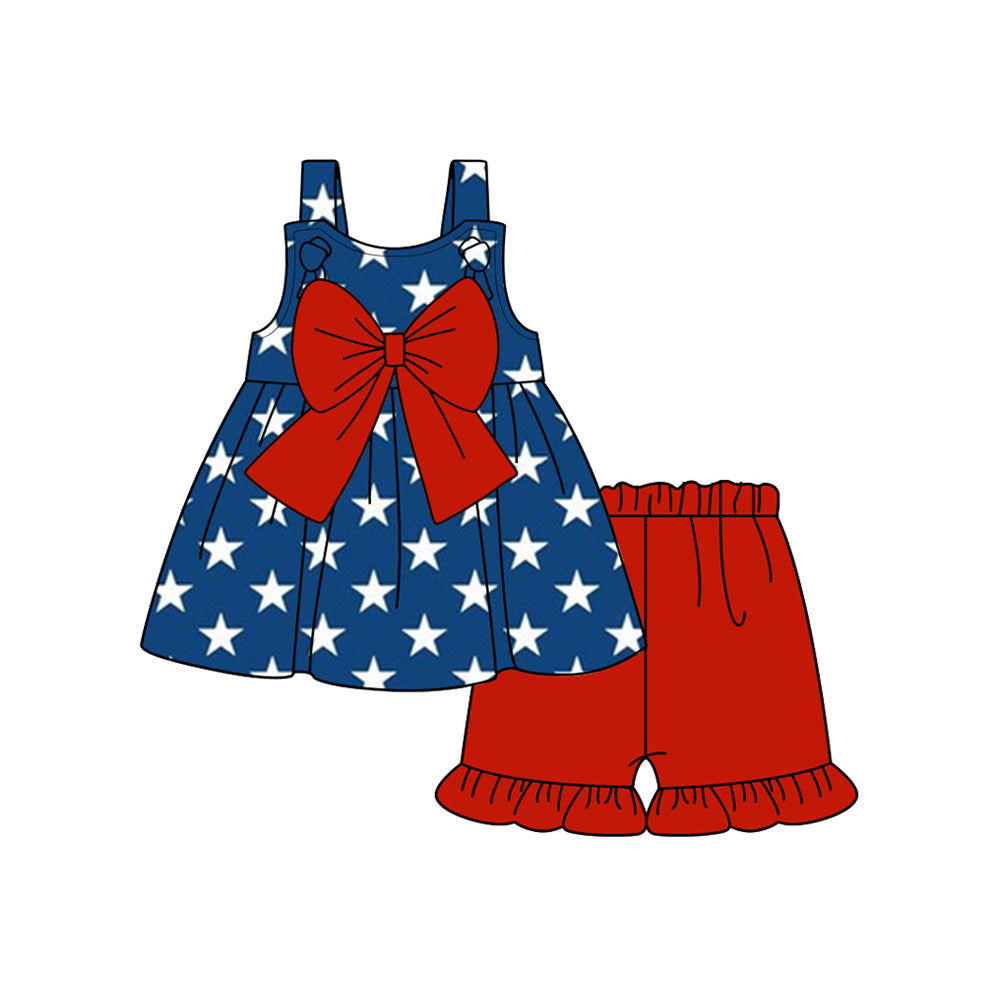 Blue stars straps bow tunic shorts girls 4th of july outfits