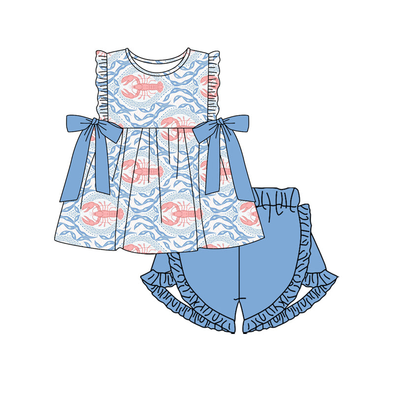 Light blue bow ruffle crawfish tunic shorts girls clothes