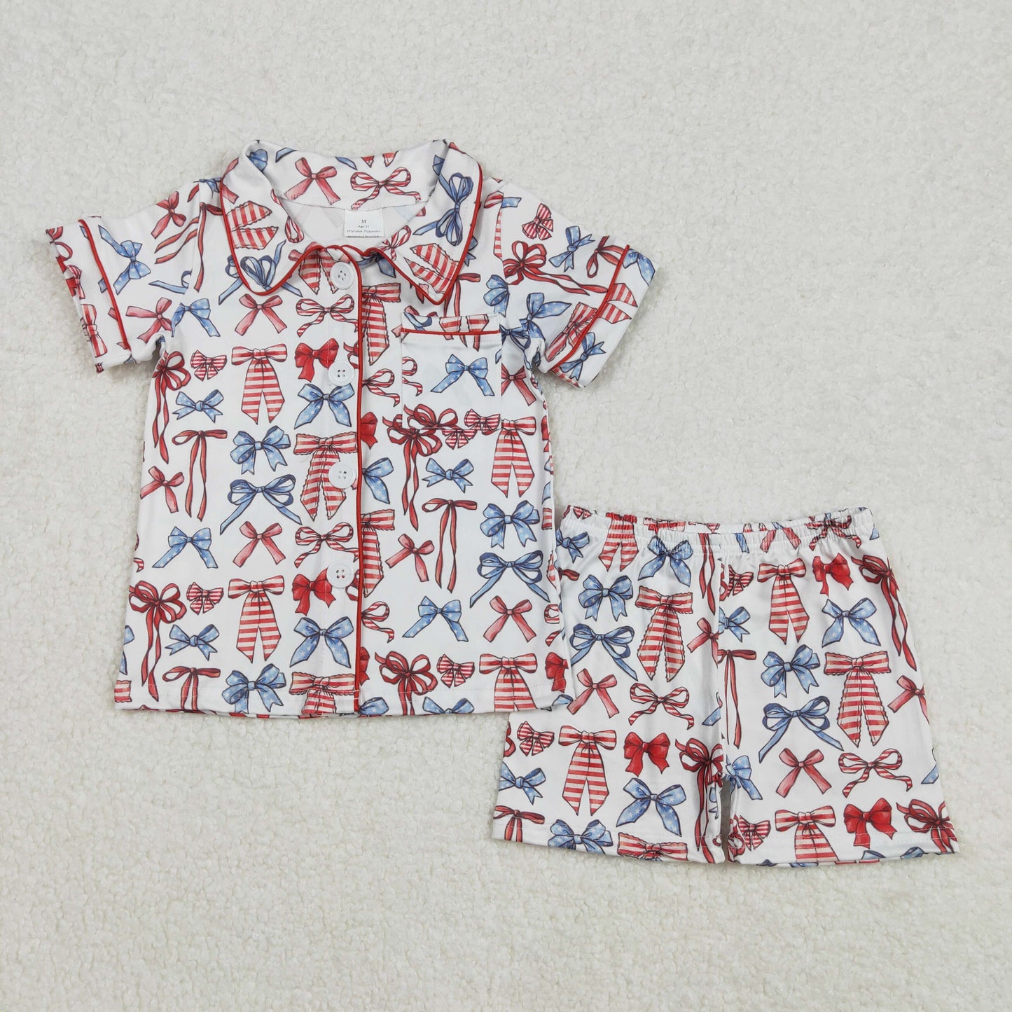 GSSO1966Girls Button down Pajamas with Bow Stars Stripe 4th of July Theme Children's Sleepwear Comfortable Cotton Pajamas for Kids