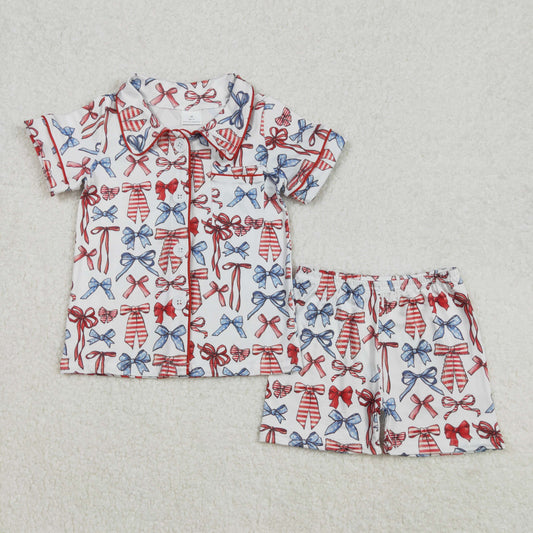 GSSO1966Girls Button down Pajamas with Bow Stars Stripe 4th of July Theme Children's Sleepwear Comfortable Cotton Pajamas for Kids