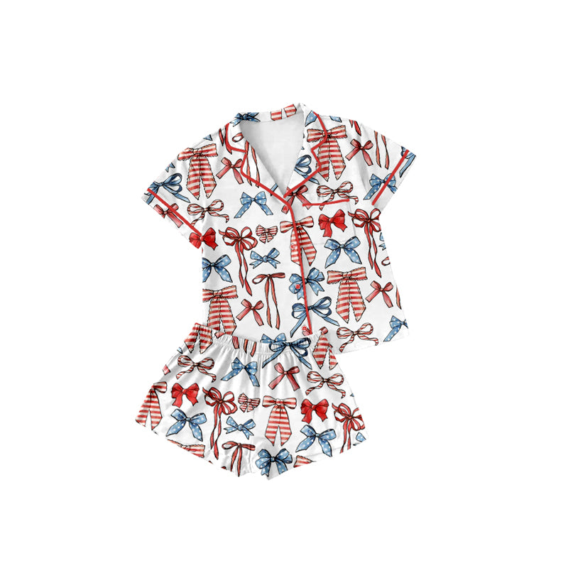 Stars stripe bow adult women 4th of july button down pajamas